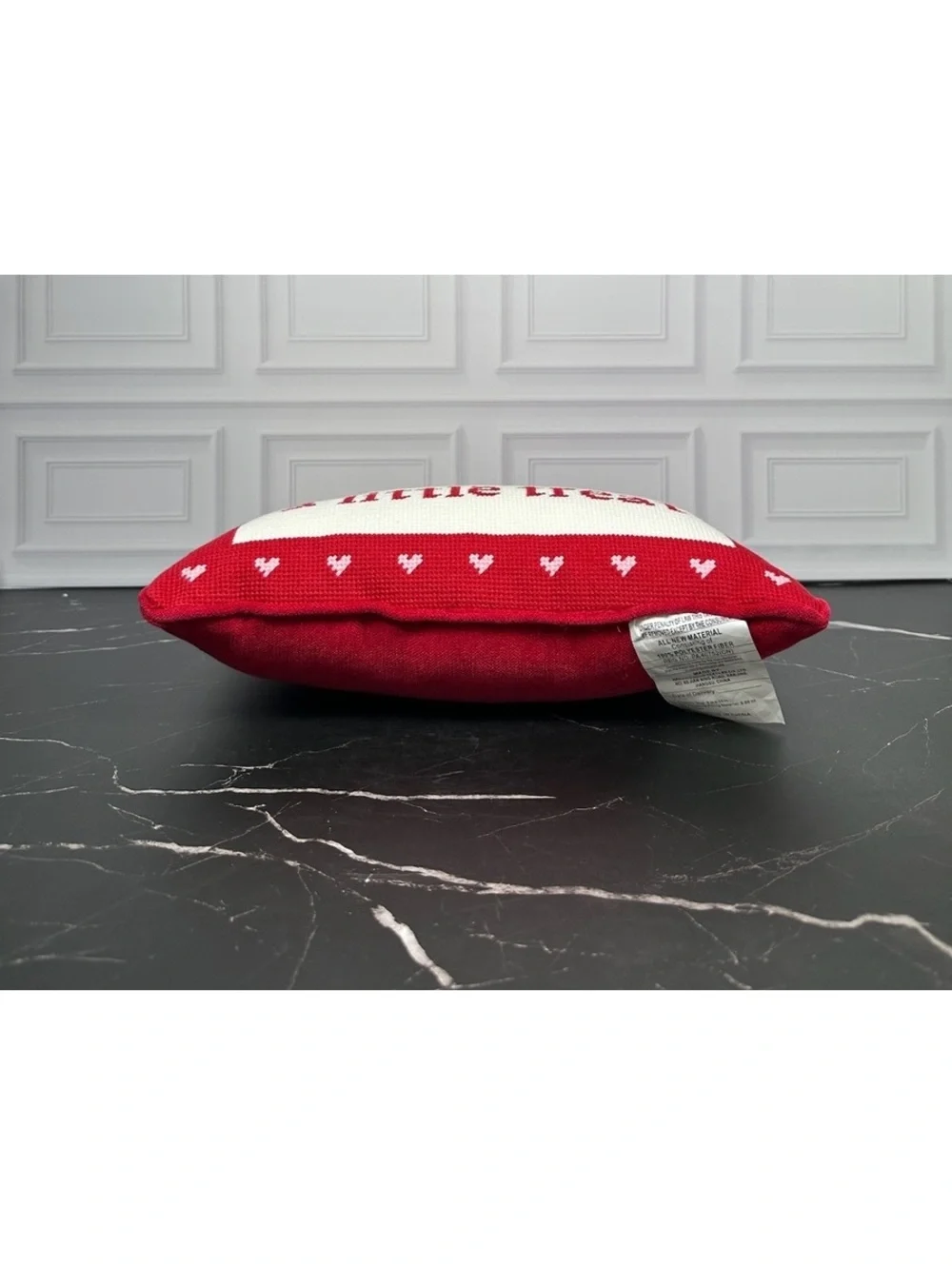 Red and White Decorative Pillow with 'I Deserve a Little Treat' Embroidery, 14x8
